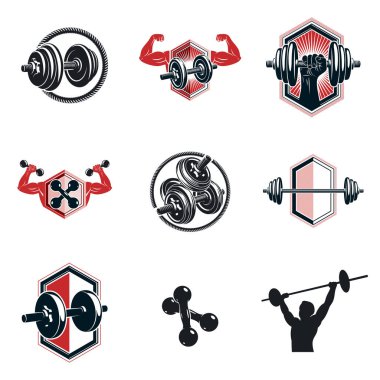 Vektör fitness egzersiz Tema resimler koleksiyonu dambıl, Barbell ile oluşturulur ve disk ağırlık elbiseler ve donatım. Kaslı sporcu vücut siluet.
