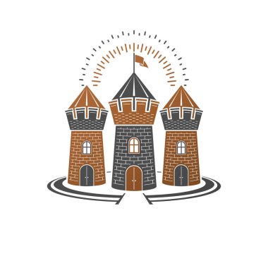 Ortaçağ Kalesi dekoratif vektör illüstrasyon izole. Eski stil beyaz arka plan üzerinde izole antik Fort logo.