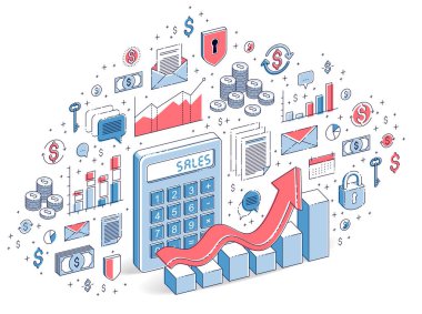 Beyaz arka plan üzerinde satış konsepti izole kazanç büyüme grafik hesap makinesi. simgeler, istatistik grafikleri ve tasarım öğelerini ile 3D vektör iş izometrik çizim.