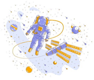Açık alanda uçan astronot Uzay İstasyonu, keşfedilmemiş gezegenler, yıldızlar ve kuyruklu yıldızlar tarafından çevrili hafiflik ve ISS uzay aracı yüzen spaceman bağlı. Vektör illüstrasyon izole.