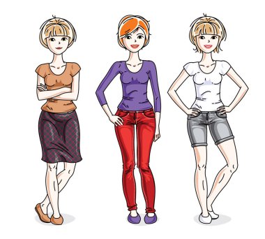 Mutlu genç ve güzel kadınlar ayakta moda rahat kıyafetler giyiyor. Güzel insanlar çizimler vektör kümesi. Moda ve yaşam tarzı tema karikatürler.
