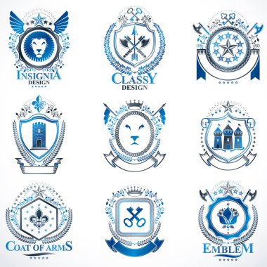 Vektör klas hanedan arması. Blazons topluluğu vintage tasarımında stilize ve oluşturulan grafik öğeleri, Kraliyet kron ve bayrak, yıldız, kuleleri, Tophane, dini haçlar.