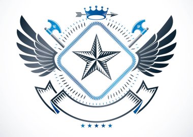 Eski stil hanedanlık armaları, kanatlı hanedan amblemi, royal crown, yıldız ve antik baltaları kullanılarak oluşturulan vektör çizim