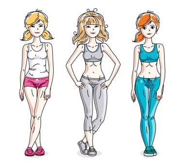 Şık spor kıyafetlerle poz çekici genç kadın sporcumuz ve fitness insanlar. Vektör karakter kümesi.