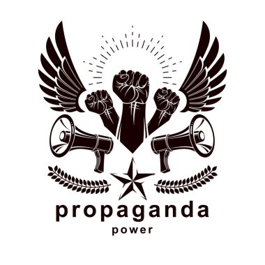 Sıkışık yumruklarını kaldırdı kuş kanatları ve loudhailer donanımları, kullanılarak oluşturulan vektör reklam afişi. Propaganda manipülasyon ve kontrol aracı olarak.