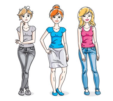 Mutlu genç yetişkin kız grubu ayakta rahat kıyafetler giyiyor. Vektör insanlar illüstrasyonlar set.