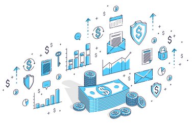 Nakit para doları yığınlar ve para kuruş kazık izole beyaz arka plan üzerinde. İzometrik 3d simgeleri, istatistik grafikleri ve tasarım öğelerini ile finans ve iş illüstrasyon vektör.