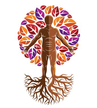 Vektör grafik resmini ağaç kökleri kullanılarak yapılan ve sonbahar ile çevrili kas insan, kendini bırakır. Doğa, çevre koruma kavramı ile uyum içinde yaşayan.