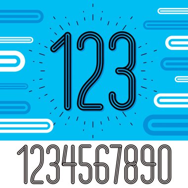 Şık retro vektör basamak, modern rakamları koleksiyon kümesi. Trendy ince, dar sayılar 0 9 poster oluşturulmasında kullanılabilir. Çift çizgili dekorasyon ile yapılan.