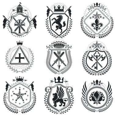 Lüks heraldik vektörler şablonları simgeler. Vektör Blazonlar. Yüksek kaliteli sembolik çizimler koleksiyonu.