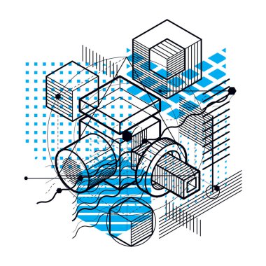 İzometrik doğrusal soyut vektör arka plan, çizgili soyutlama. Küpleri, Altıgenler, kareler, dikdörtgenler ve farklı soyut öğeler.