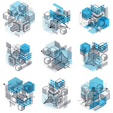 Tasarımları ile 3d doğrusal kafes şekiller ve resimler, vektör izometrik arka planlar soyut. Küpleri, Altıgenler, kareler, dikdörtgenler ve farklı soyut öğeler. Vektör toplama.
