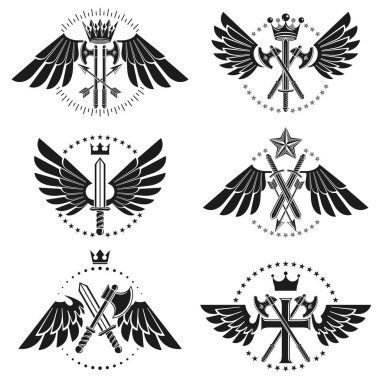 Vintage silah Amblemler ayarlayın. Hanedan arması dekoratif Amblemler koleksiyonu.