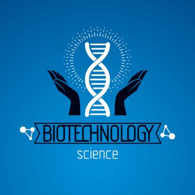 İnsan DNA'sı bir model bakmakta ellerini tutun. Biyomühendislik genetik, soyut yönünü olarak vektör bilimsel sembolü en iyi eğitim, bilim ve insanlık evrim araştırmalarda kullanılmak.