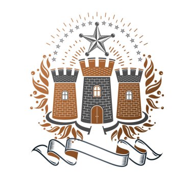 Antik Kale amblemi. Heraldic Coat of Arms dekoratif logosu izole edilmiş vektör çizimi. Beyaz arkaplanda eski tarzda dekore edilmiş logotip.