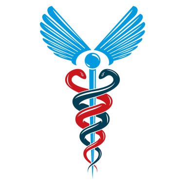Caduceus sembolü kuş kanatları ve zehirli yılanlar kullanılarak yapıldı, sağlık hizmeti kavramsal vektör çizimi.