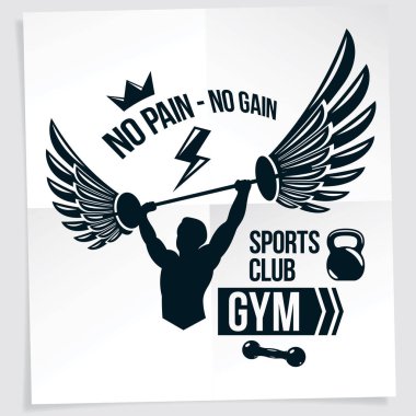 Spor salonu reklam broşürü, halter spor ekipmanları tutan kaslı vücutçunun vektör illüstrasyonuyla oluşturuldu. Acı yok, kazanç yok..