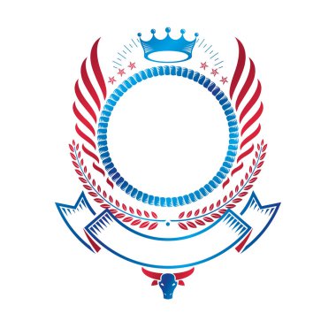 Grafik royal crown öğe, pentagonal yıldız ve lüks şerit ile oluşan amblemi kanatlı. Hanedan arması izole dekoratif logo vektör çizim.