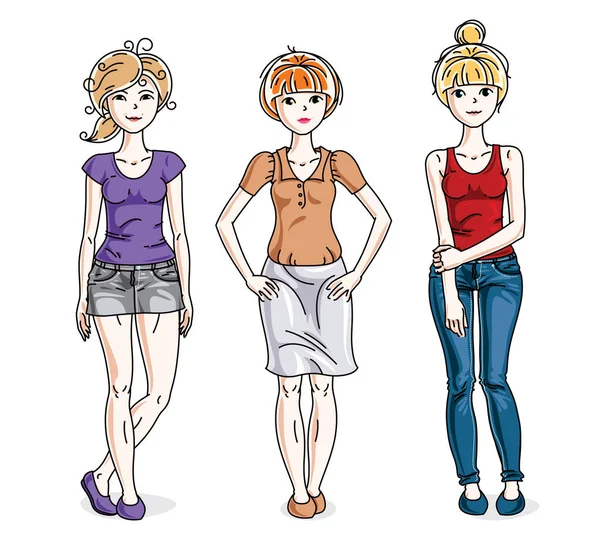 Привлекательные Молодые Женщины Стоят Модной Повседневной Одежде Набор Векторных Символов — стоковый вектор