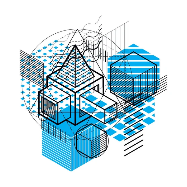 Fundo Vetorial Abstrato Com Linhas Isométricas Formas Cubos Hexágonos Quadrados — Vetor de Stock