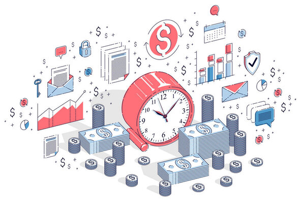 Time is Money concept, table Clock with cash money stacks and coin piles isolated on white background. Isometric 3d vector finance illustration with icons, stats charts and design elements.