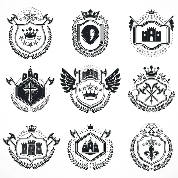 Heraldische Ontwerpen Vector Vintage Emblemen Wapenschild Collectie Vector Set — Stockvector