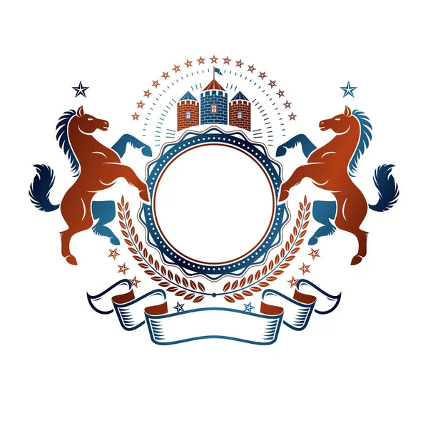 Emblema Gráfico Vintage Con Elemento Animal Caballo Torre Medieval Cinta — Archivo Imágenes Vectoriales