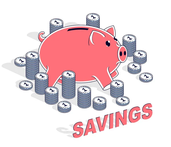 Personal Savings Concetto Salvadanaio Con Cent Monete Pile Isolato Sfondo — Vettoriale Stock