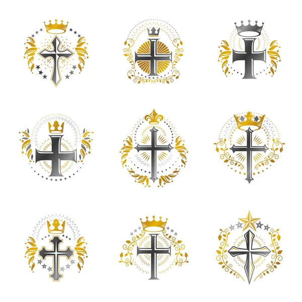 Cruces Conjunto Emblemas Religiosos Escudo Armas Heráldico Colección Logos Vectores — Archivo Imágenes Vectoriales