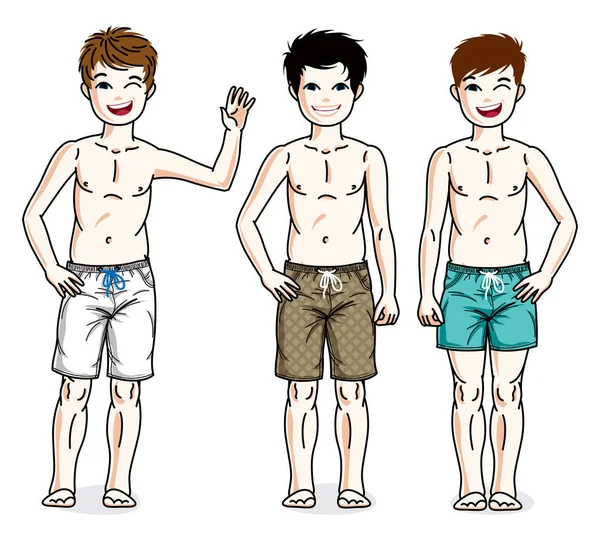 Niños Pequeños Pie Vistiendo Pantalones Cortos Playa Moda Diversidad Vectorial — Vector de stock