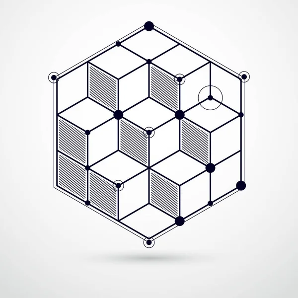 Küpler ve diğer elementlerle soyut geometrik vektör siyah beyaz arka plan. Küpler, altıgenler, kareler, dikdörtgenler ve soyut elementlerin bileşimi. Tasarımlarınız için mükemmel bir arkaplan