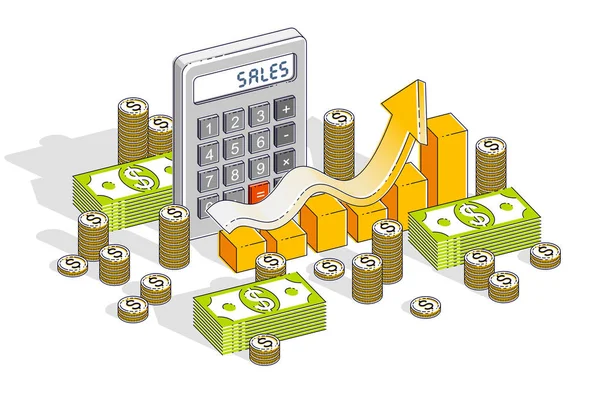 业务成功和销售增长的概念 计算器 图表与箭头和现金货币堆栈和硬币隔离在白色背景 等位3D 矢量业务和财务示意图 — 图库矢量图片