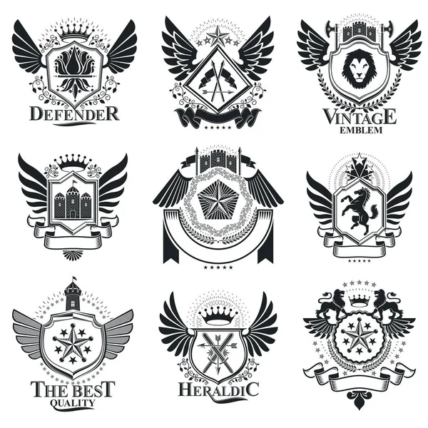 Emblemas Vetoriais Desenhos Heráldicos Vintage Coleção Brasões Conjunto Vetorial — Vetor de Stock