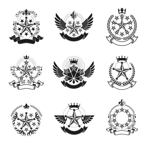 Militaire Sterren Emblemen Set Collectie Van Heraldische Vector Design Elementen — Stockvector