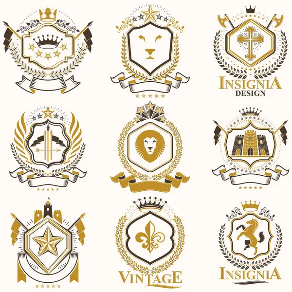 Vektör klas hanedan arması. Blazons topluluğu vintage tasarımında stilize ve oluşturulan grafik öğeleri, Kraliyet kron ve bayrak, yıldız, kuleleri, Tophane, dini haçlar.