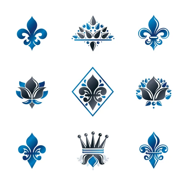 Kraliyet sembolleri Lily çiçekler, çiçek ve kron, amblemler ayarlayın. Hanedan vektör tasarım öğeleri koleksiyonu. Retro tarzı etiket, Hanedanlık armaları logosu.