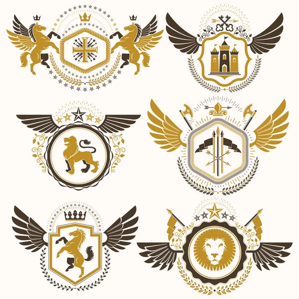 上品な紋章腕のベクトル コート ビンテージ デザインの様式化された Blazons のコレクション グラフィック要素 王冠やフラグ 塔で作成 武器庫 — ストックベクタ