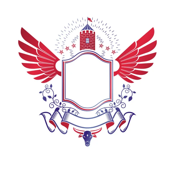 Ősi Erőd Jelkép Heraldikai Címer Vintage Vektor Logo Sas Szárny — Stock Vector