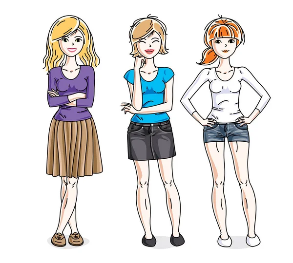 Attraktive Junge Erwachsene Mädchen Weibliche Gruppe Die Stilvollen Lässigen Kleidern — Stockvektor
