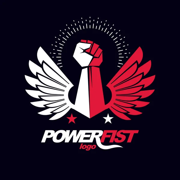Strong Fist Active Sportsman Vector Symbol Created Using Eagle Wings — Stock Vector