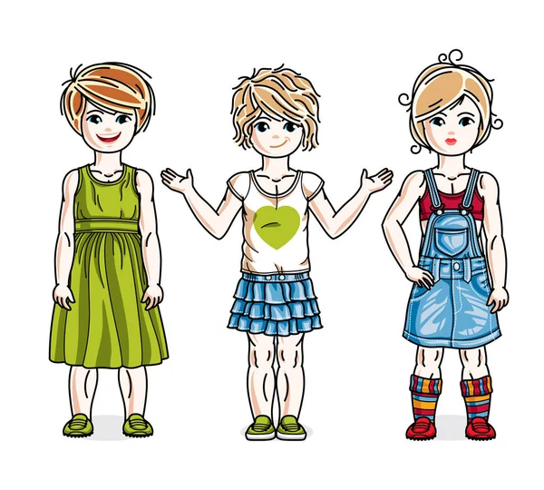 Hermosas Niñas Lindos Niños Pie Con Ropa Casual Conjunto Vectorial — Archivo Imágenes Vectoriales