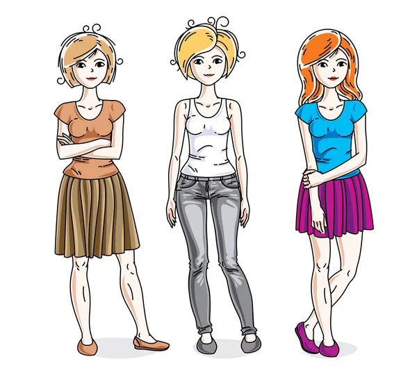 Attractive Young Women Standing Wearing Fashionable Casual Clothes Vector Characters — Stock Vector