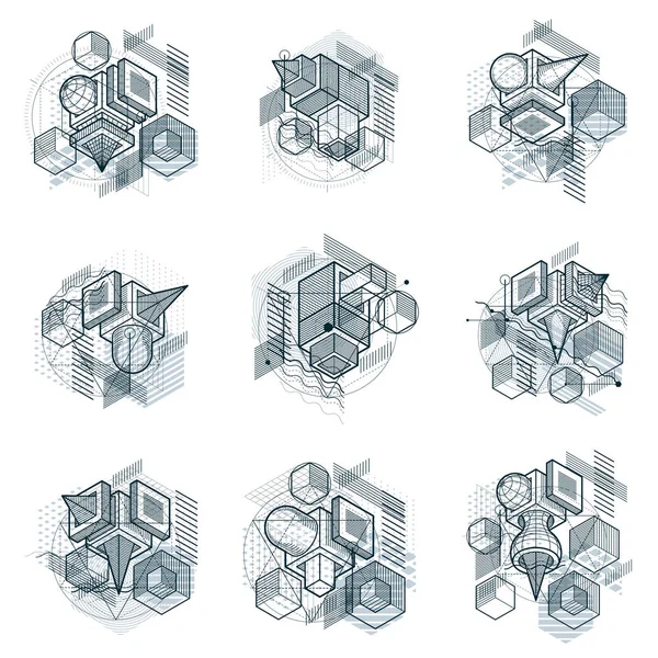 Isometrische Abstraktionen Mit Linien Und Verschiedenen Elementen Vektorabstrakte Hintergründe Kompositionen — Stockvektor