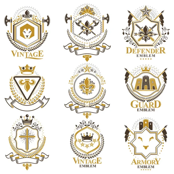 Șabloane Design Heraldic Vintage Embleme Vectoriale Create Aripi Păsări Coroane — Vector de stoc