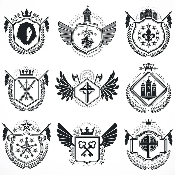 Diseños Heráldicos Emblemas Vector Vintage Colección Escudo Armas Conjunto Vectores — Vector de stock