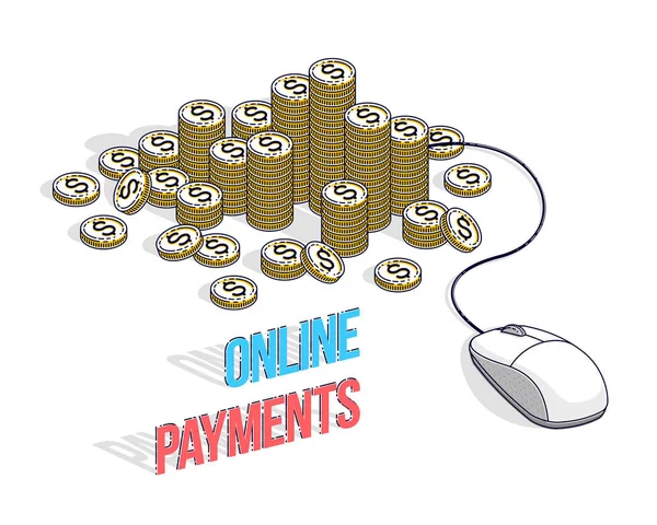 Online finans kavramı, web ödemeler, Internet kazanç, online bankacılık, nakit para yığınları kazık için bağlı bilgisayar fare ile. İzometrik 3d iş ve finans illüstrasyon vektör.