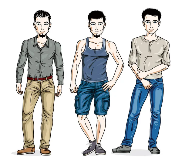 幸せな人は カジュアルな服を着て立っているグループします ベクトルの人々 のイラスト セット ライフ スタイルのテーマの男性キャラクター — ストックベクタ