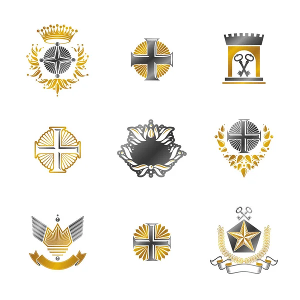 Ancient Crosses Crown Estrelas Flores Emblemas Set Brasão Heráldico Armas — Vetor de Stock