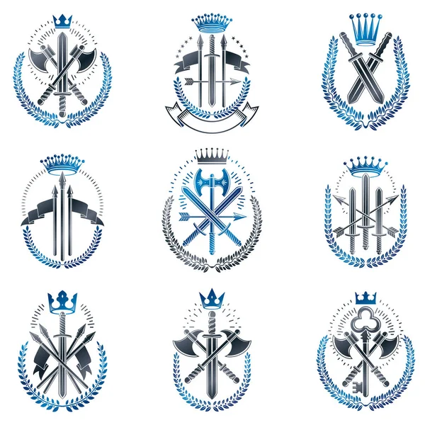 Vintage Waffen Embleme Gesetzt Sammlung Dekorativer Wappen — Stockvektor