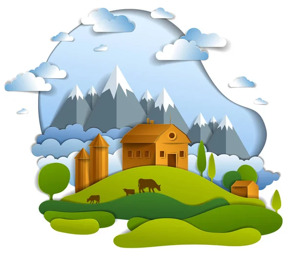 Scenic landscape of farm buildings among meadows trees, mountain range and clouds in the sky, vector illustration of summer time relaxing nature in paper cut style. Countryside beautiful ranch.